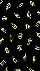 Pale Yellow Line Art Seamless Pattern Black Background Various Objects Repeating Design image