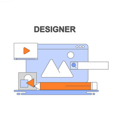 flat style design stock illustration with pencil, video player and desktop screen symbols.