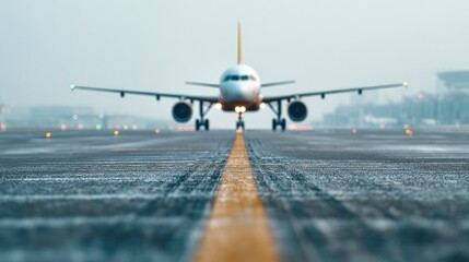 Airplane on runway with yellow line perspective