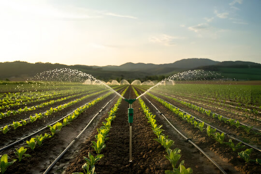 A smart irrigation system automatically watering rows of crops based on soil moisture data, high-resolution render, clean background, no living beings