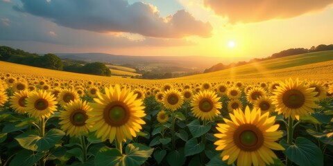 Fototapeta premium Golden Hour Sunbeams Across a Vast Sunflower Field at Sunset