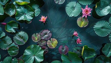 Pink water lilies on dark teal water lilies pads.