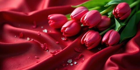 Naklejka premium A Bouquet of Crimson Tulips Resting on Deep Red Luxurious Fabric with Delicate Scattered Petals