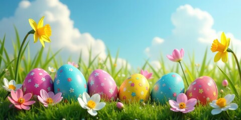 Colorful Easter Eggs Nestled in Spring Meadow with Daffodils and Blossoms