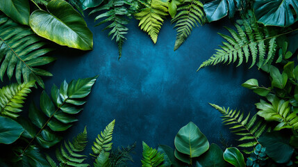 Fototapeta premium Tropical green leaves arranged around a textured blue background, creating a fresh, natural botanical frame for eco, spa, or design themes. 