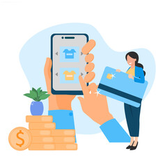 online shopping concept, illustration of a woman paying using an ATM card, flat style design.