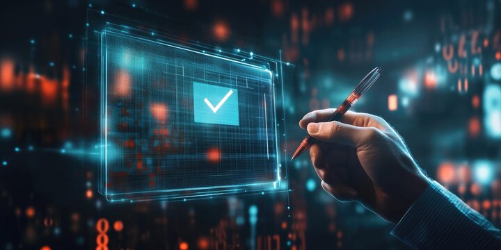 Hand interacting with a digital checkmark interface