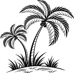 This black and white line art illustration showcases two majestic palm trees with detailed fronds and trunks, positioned on a grassy island.