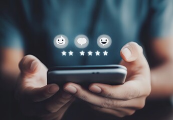 Close-up of hands holding a smartphone with positive online reviews