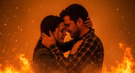 Obraz premium A couple embraces amidst a fiery backdrop, expressing sorrow and comfort.