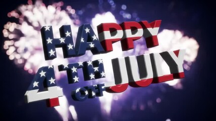 3D text "Happy 4th July" with American flag design, overlaid on a dark background with firework bokeh - Powered by Adobe