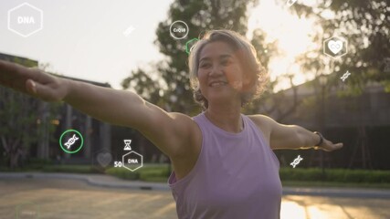 Asia adult aged people middle age mindful happy old woman body pose zen calm stress relief green nature self love relax elder anti aging life asian female mental health care. DNA gene modern medical. - Powered by Adobe