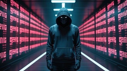 Mysterious figure in a black hoodie stands in a futuristic corridor with glowing red text.