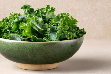 Fototapeta premium Fresh Green Kale in a Dark Green Bowl on Beige Background