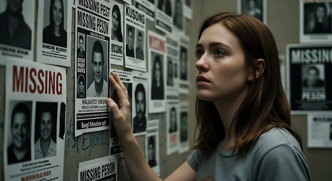 A woman examines missing person posters on a wall, searching for clues.