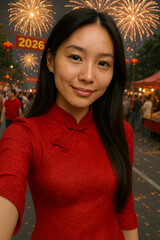 Beautiful Asian woman taking selfie in the middle of Chinese New Year celebration 2026