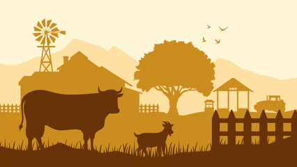 Landscape of farmland with livestock in a countryside scenery. Panoramic view of rural farm with cow and goat in pasture. Vector illustration of scenic countryside building with farmhouse and windmill