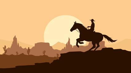 Landscape of a cowboy riding a horse in the desert scenery. Panoramic view of wild west desert with cowboy on horseback during sunset. Vector illustration of scenic canyon with butte and cacti