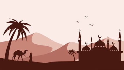 Landscape of mosque in the desert scenery for Ramadan. Panoramic view of sandy desert with muslim walking alongside camel. Vector illustration of scenic arabian desert for Ramadan Mubarak celebration
