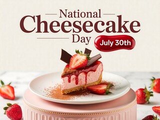 A slice of strawberry cheesecake with chocolate on a plate for national cheesecake day