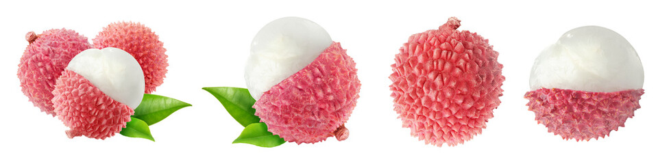 Tropical Lychee Fruit with Green Leaves and Transparent Background
