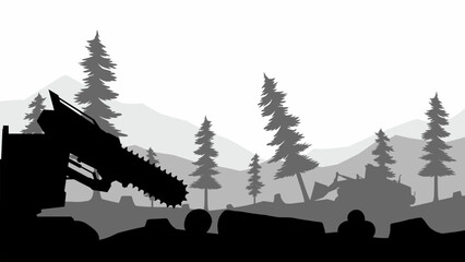 Landscape silhouette of illegal logging in a pine forest. Panoramic view of deforestation with bulldozer and forestry truck. Vector illustration of coniferous forest with illegal tree cutting activity