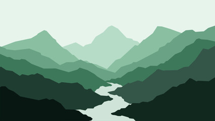 Landscape of a river in mountains scenery. Panoramic view of mountain range with a river flowing through it. Vector illustration of scenic landscape with river winding between majestic mountain range