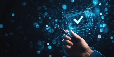 Hand holds digital checkmark, dark background