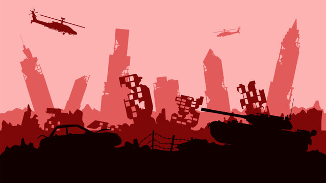 Silhouette of destroyed city in the battlefield landscape. Cityscape of aftermath war in the downtown area with city ruins. Vector illustration of urban apocalypse scene with helicopter and tank