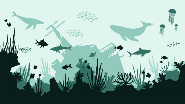 Underwater landscape of shipwreck with coral reefs scenery. Panoramic view of undersea with fishes and sunken ship. Vector illustration of scenic seascape with aquatic ecosystem and marine vegetation