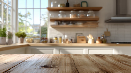 Mesa em cozinha, plano de fundo  ideal para peças publicitárias, propaganda e marketing. Exposição de protutos, alimentos, igredientes e receitas culinárias.