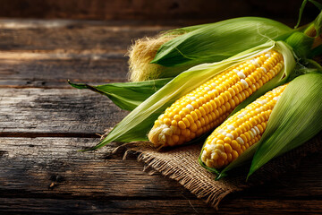 Fresh Yellow Corn on the Cob with Green Husks on Rustic Wooden Background