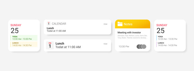 Minimal iOS-styled notes and calendar widgets. Includes daily planner, schedule, events, reminders, and meeting notes. Perfect for UI and UX, apps, and productivity interfaces.
