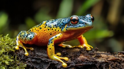 Obraz premium A vibrant, colorful frog with blue and yellow markings sits on a mossy log in a natural, blurred forest background.