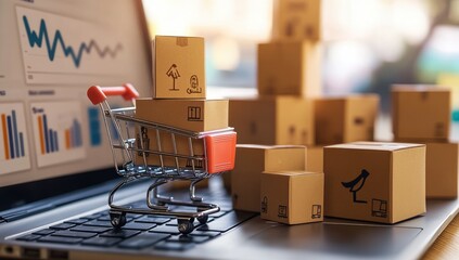Miniature shopping cart loaded with cardboard boxes sits on a laptop keyboard, beside stacked boxes, and displays charts