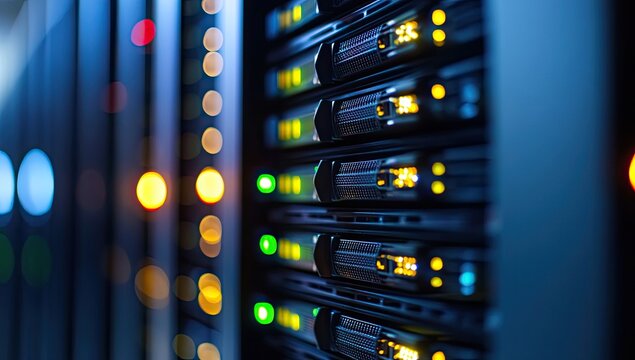 Close-up of server rack units in a data center.  Lit by glowing lights
