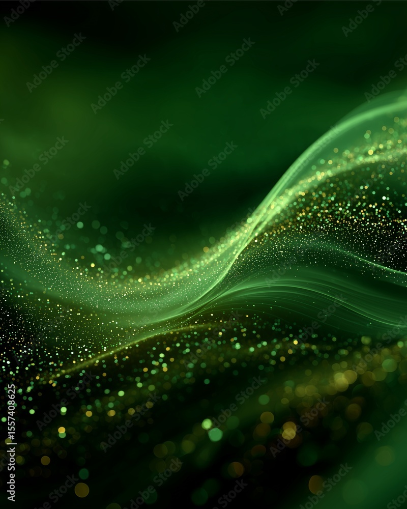 Poster emerald wave: an enchanting wave-like design shimmers with radiant gold flecks against a vibrant gre