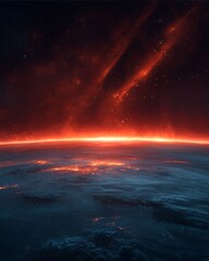 Fototapeta premium Epic Cosmic Horizon: An evocative image of a fiery horizon line against a turbulent cosmos, highlighting the grandeur and mystery of outer space.
