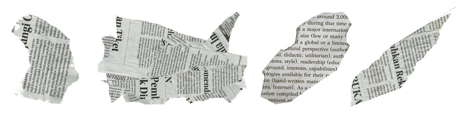 Transparent Background: Assortment of torn newspaper pieces, ideal for vintage collages, grunge...
