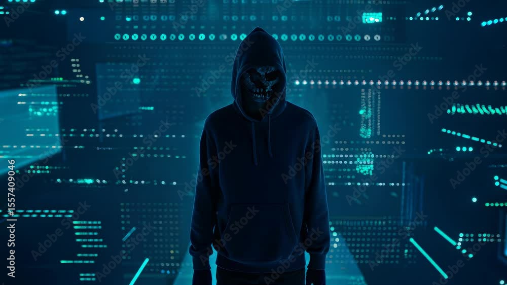 Poster hacker stands shrouded in a hoodie with a skull mask against a backdrop of binary data streams, symb