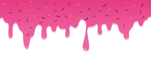 Fun and delicious cartoon-style background featuring pink dripping icing and colorful sprinkles. Perfect for dessert-themed designs, bakery branding, party invitations, and sweet food-related content.