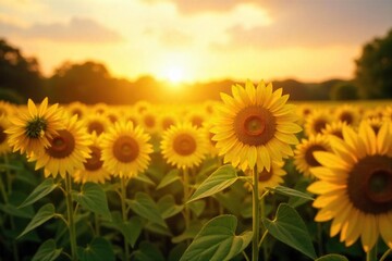 Fototapeta premium Golden Hour Sunflowers Vibrant Yellow Field at Sunset, Breathtaking Summer Scenery of Natural Beauty and Warm Tones, Perfect for Agriculture, Nature, and Summer Themes