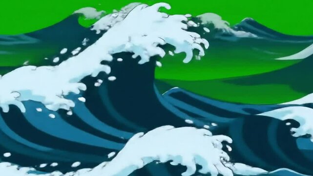 Animated ocean waves crashing with white foam against a vibrant green screen backdrop for visual effects