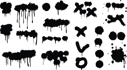 Spray graffiti texture with smudges and drops. Street aerosol clouds vector templates. Spray paint shapes, graffiti mockups, stencil. Street art with splashes and dripping paint. Vector aerosol set