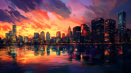 Obraz premium Cityscape at Sunset Painting Style Colorful Reflections Illustration Artwork