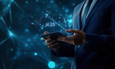 Businessman holding tablet with AI26 overlayed on digital network
