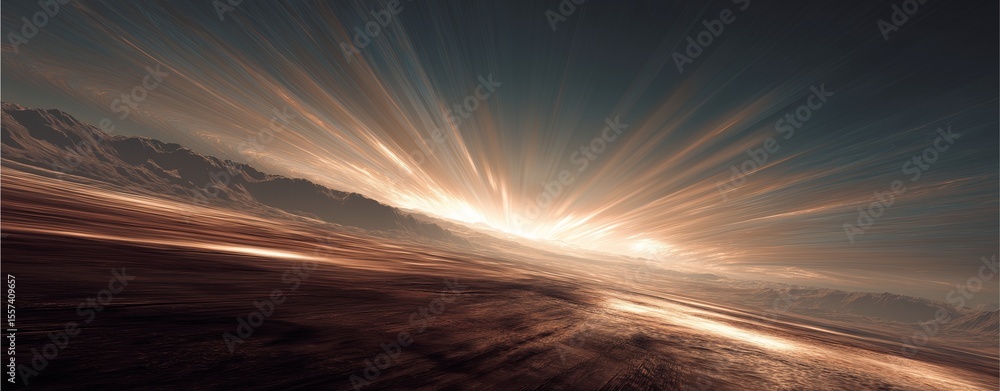 Poster celestial radiance: a breathtaking landscape bathed in ethereal light. dynamic light beams emanate f