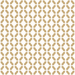 Abstract vector seamless pattern. Simple golden geometric ornamental texture with curved shapes, grid, mesh, lattice, net. Gold and white background. Repeated geo design for decor, textile, wallpaper