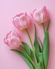 Fototapeta premium Gentle pink tulips on pastel: A delicate arrangement of three elegant pink tulips, with fresh green stems, on a smooth, pastel background. Showcasing the beauty of spring in simple.