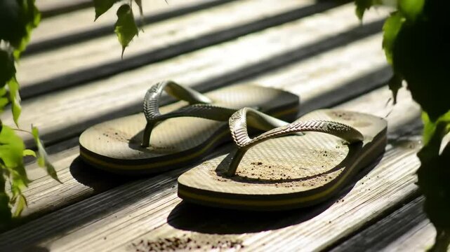 Two used flip-flops on a weathered wooden deck, shaded by greenery